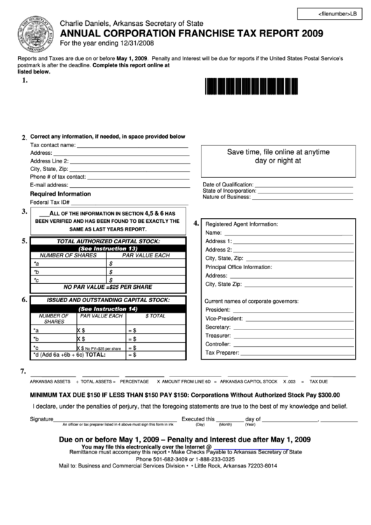 Annual Corporation Franchise Tax Report - Arkansas Secretary Of State - 2009 Printable pdf