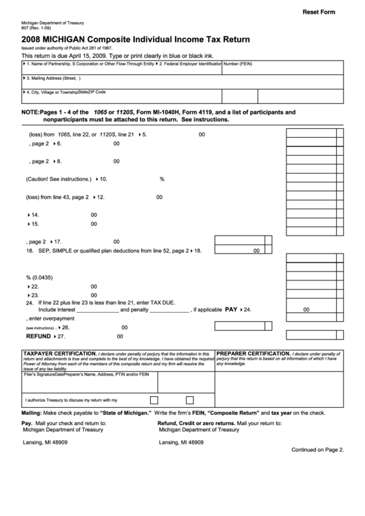 Fillable Form 807 - Michigan Composite Individual Income Tax Return - 2008 Printable pdf