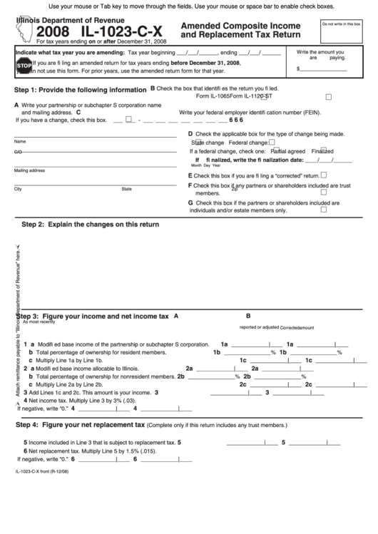 Fillable Form Il-1023-C-X - Amended Composite Income And Replacement Tax Return - 2008 Printable pdf