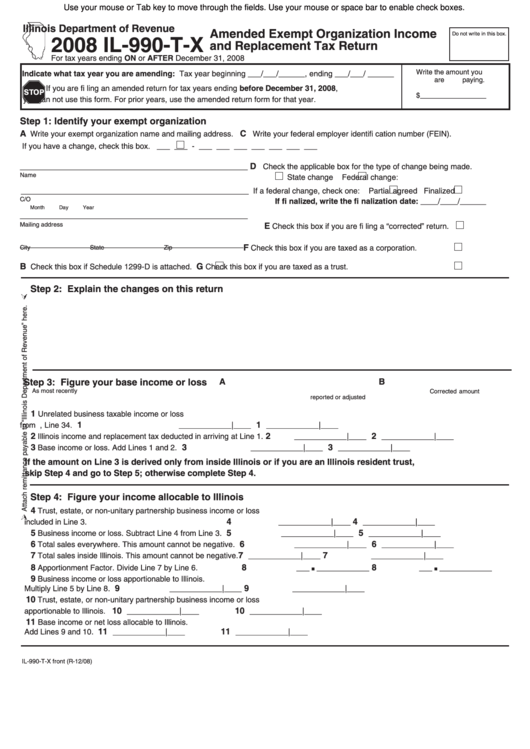 Fillable Form Il-990-T-X - Amended Exempt Organization Income And Replacement Tax Return - 2008 Printable pdf