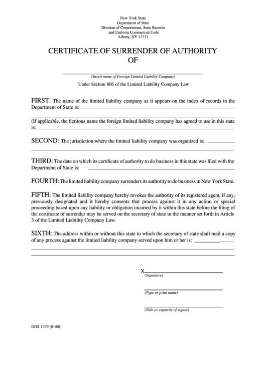 Fillable Certificate Of Surrender Of Authority Form - New York Printable pdf