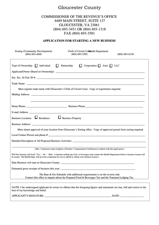 Application For Starting A New Business Form - Gloucester County Printable pdf