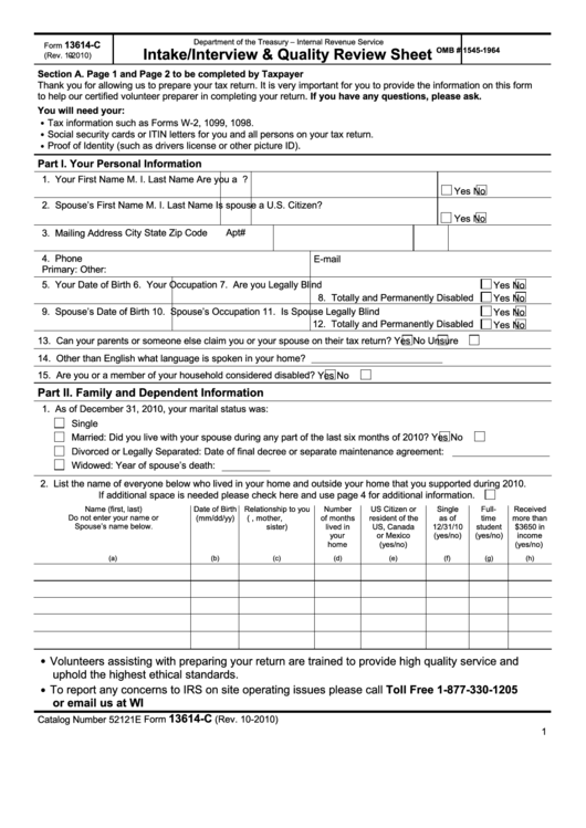 Fillable Form 13614-C - Intake/interview & Quality Review Sheet - 2010 Printable pdf