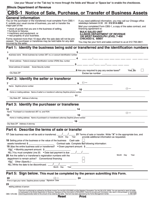 Fillable Form Cbs-1 - Notice Of Sale, Purchase, Or Transfer Of Business Assets - 2009 Printable pdf