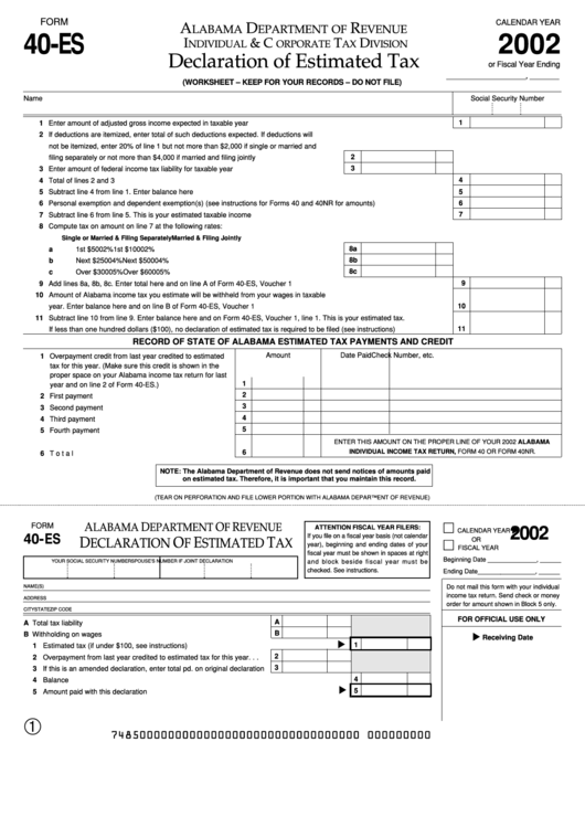 Form 40-Es - Declaration Of Estimated Tax - 2002 Printable pdf