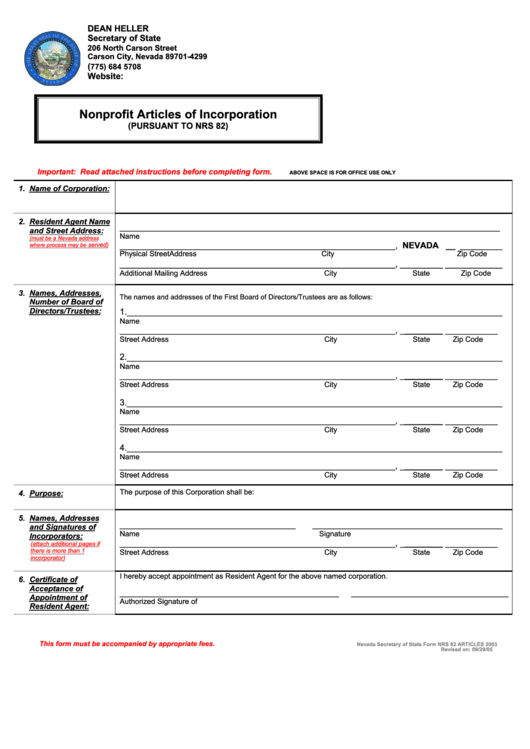 Nonprofit Articles Of Incorporation - Nevada Secretary Of State, Resident Agent Acceptance - Nevada Secretary Of State Printable pdf