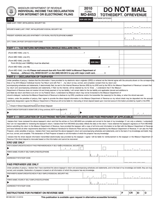 Form Mo-8453 - Individual Income Tax Declaration For Internet Or Electronic Filing - 2010 Printable pdf