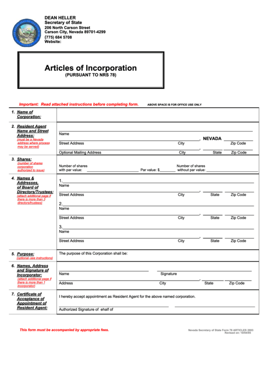 Articles Of Incorporation Form -Nevada Secretary Of State Printable pdf