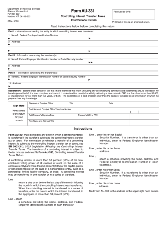 Form Au-331 - Controlling Interest Transfer Taxes Informational Return Printable pdf