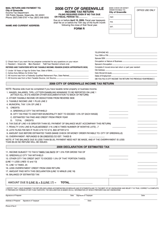 Form R Tax Return City Of Greenville 2008 printable pdf