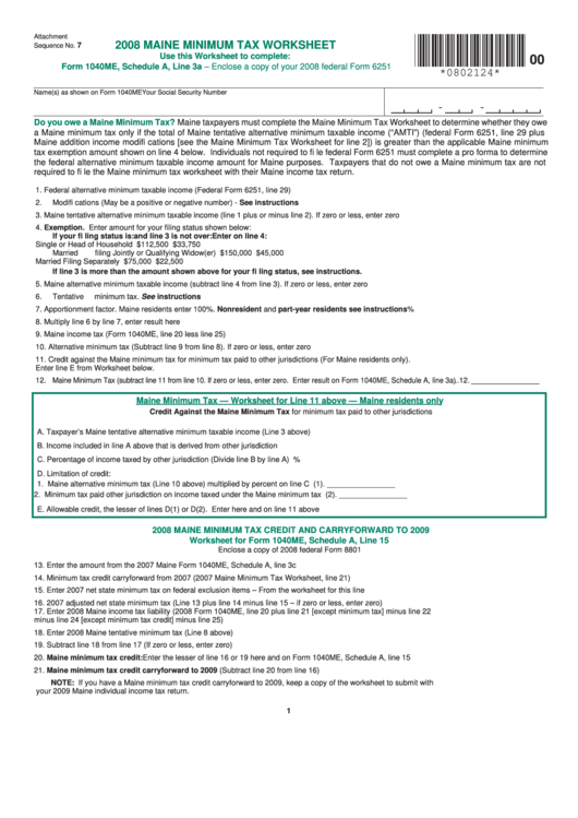 2008 Maine Minimum Tax Worksheet - Form 1040me, Schedule A, Line 3a Printable pdf