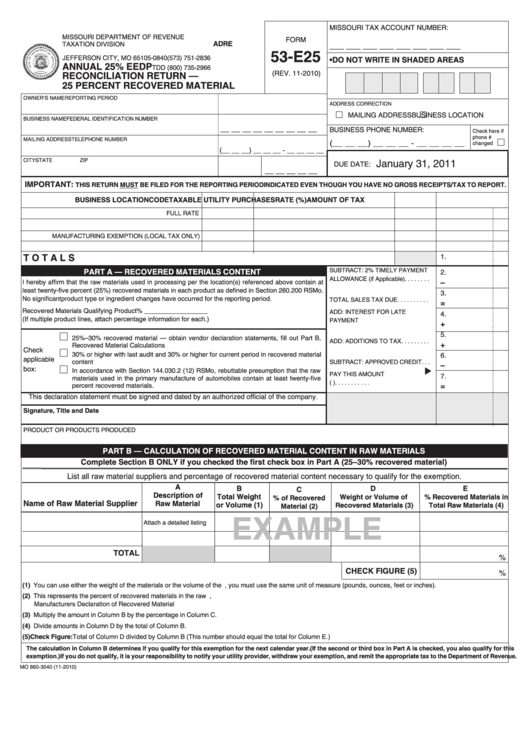 Fillable Form 53-E25 - Annual 25 Percent Eedp - Reconciliation Return - 25 Percent Recovered Material Printable pdf