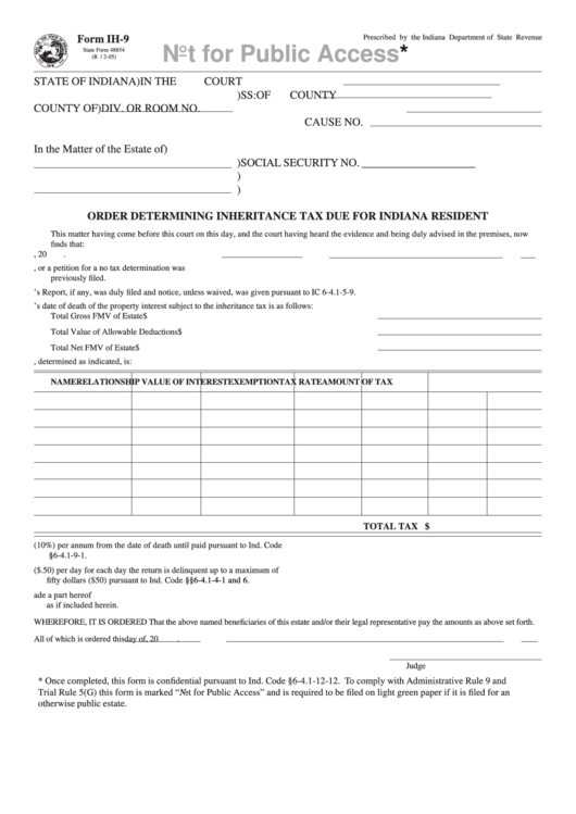 Form Ih-9 - Order Determining Inheritance Tax Due For Indiana Resident - 2005 Printable pdf