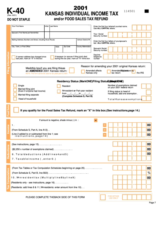 Form K-40 - Kansas Individual Income Tax And/or Food Sales Tax Refund - 2001 Printable pdf