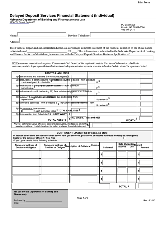 Fillable Delayed Deposit Services Financial Statement (Individual) Form - Nebraska Printable pdf