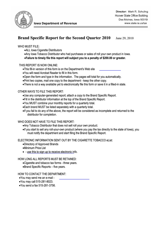 Fillable Form 70-020 - Brand Specific Report For The Second Quarter 2010 Printable pdf