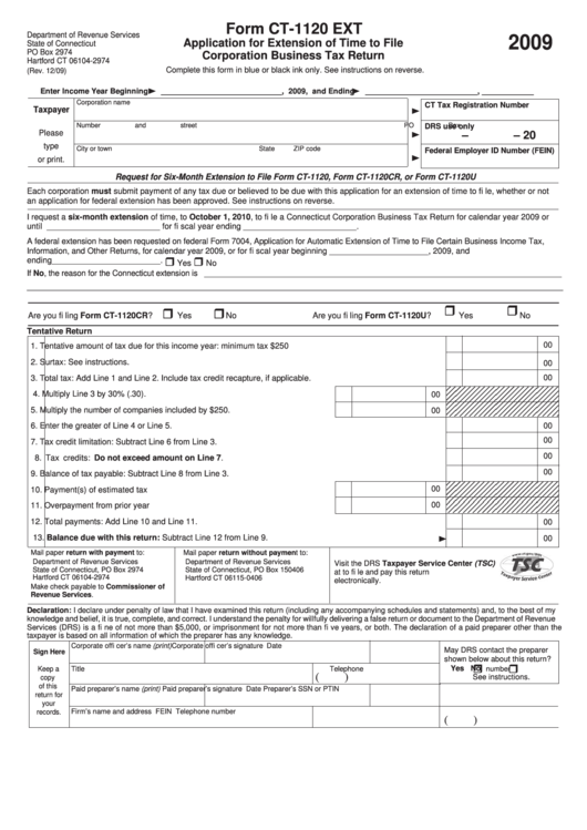 Form Ct-1120 Ext - Application For Extension Of Time To File Corporation Business Tax Return - 2009 Printable pdf