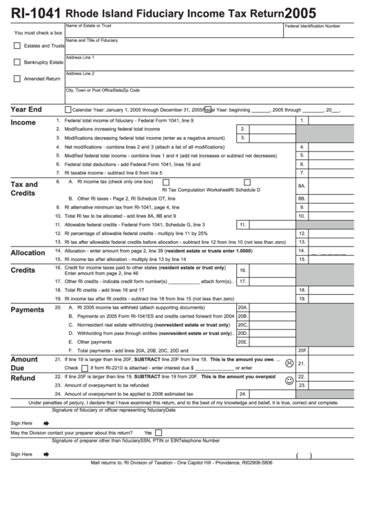 Form Ri-1041 - Rhode Island Fiduciary Income Tax Return - 2005 Printable pdf