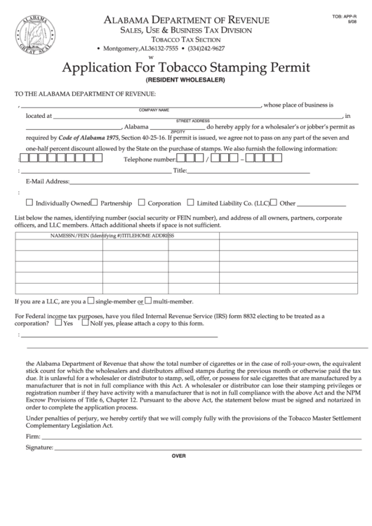 Fillable Form Tob: App-R - Application For Tobacco Stamping Permit Form - Alabama Printable pdf