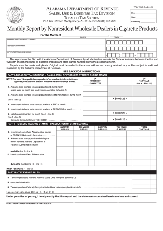 Fillable Form Tob: Whsle-Nr - Monthly Report By Nonresident Wholesale Dealers In Cigarette Products Form - Alabama Printable pdf