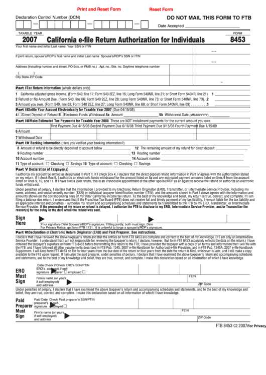 Fillable Form 8453 - California E-File Return Authorization For Individuals - 2007 Printable pdf