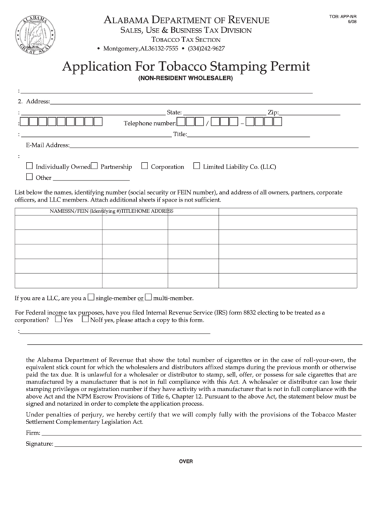 Fillable Application For Tobacco Stamping Permit Form - Alabama Printable pdf