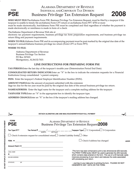 Fillable Form Pse - Business Privilege Tax Extension Request - 2008 Printable pdf