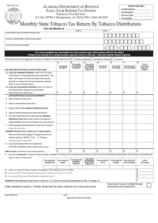 Form Tob: Otp - Monthly State Tobacco Tax Return By Tobacco Distributors - 2010