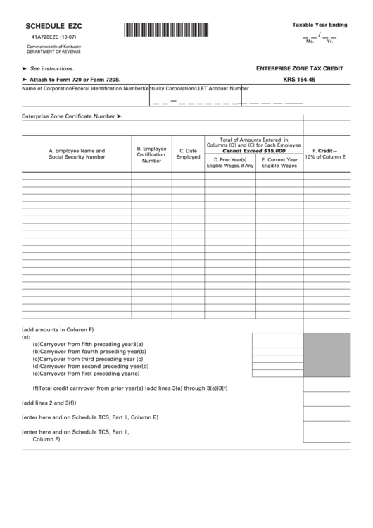 Form 720 - Schedule Ezc - Enterprise Zone Tax Credit Printable pdf