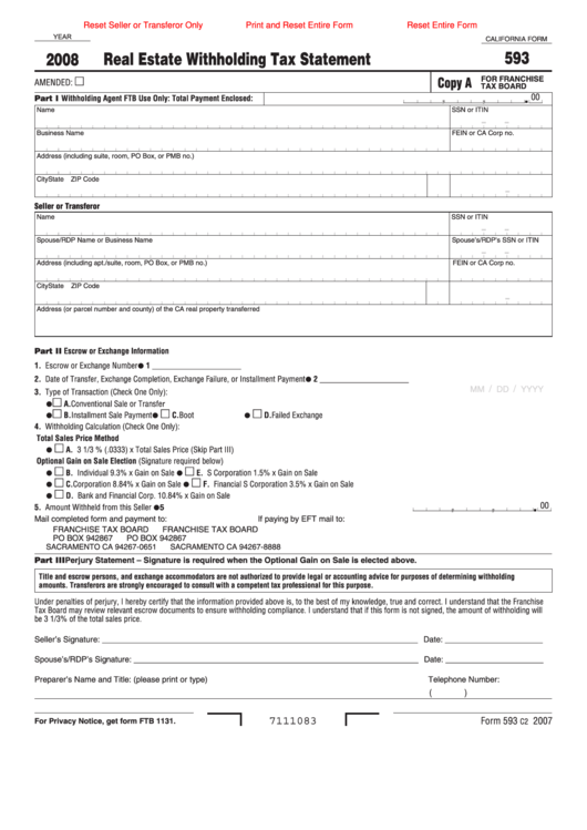 Fillable California Form 593 - Real Estate Withholding Tax Statement - 2008 Printable pdf