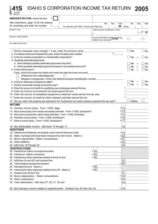 Form 41s - Idaho S Corporation Income Tax Return - 2005 Printable pdf