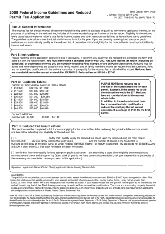 2009 Federal Income Guidelines And Reduced Permit Fee Application Form Printable pdf