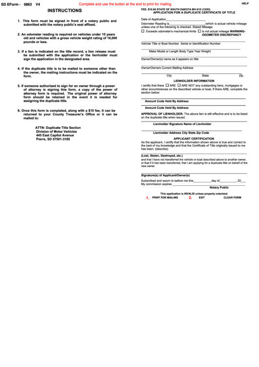 Fillable Form Mv-010 - Application For A Duplicate Certification Of Title Printable pdf