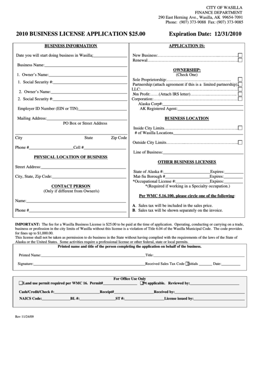 2010 Business License Application Form - City Of Wasilla Printable pdf