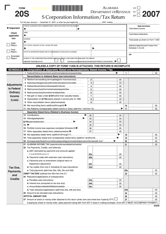 Fillable Form 20s - S Corporation Information/tax Return - 2007 Printable pdf