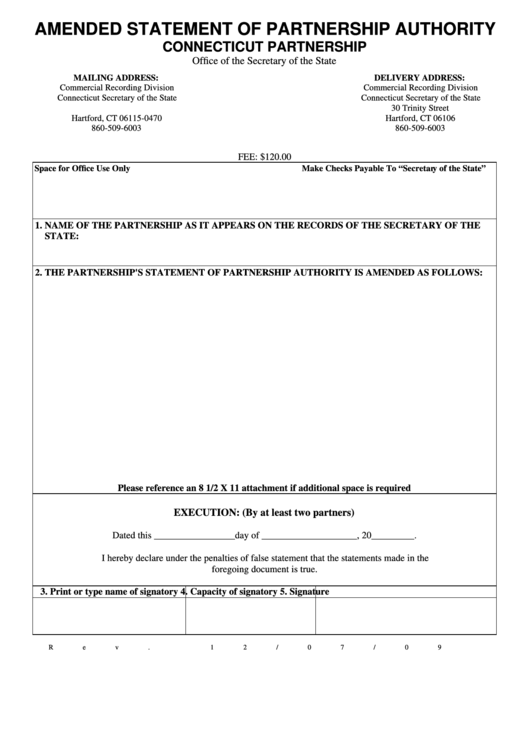 Amended Statement Of Partnership Authority - 2009 Printable pdf