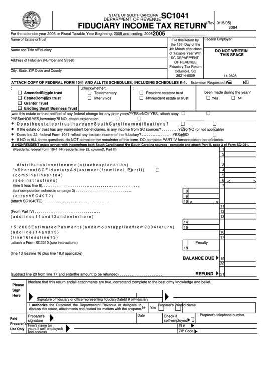 Form Sc1041 - Fiduciary Income Tax Return - 2005 Printable pdf