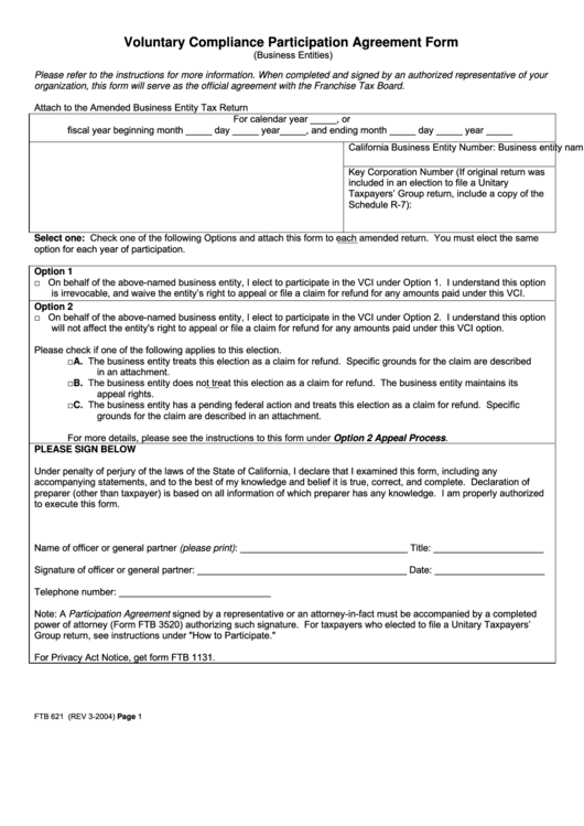 Form Ftb 621 - Voluntary Compliance Participation Agreement Form Printable pdf