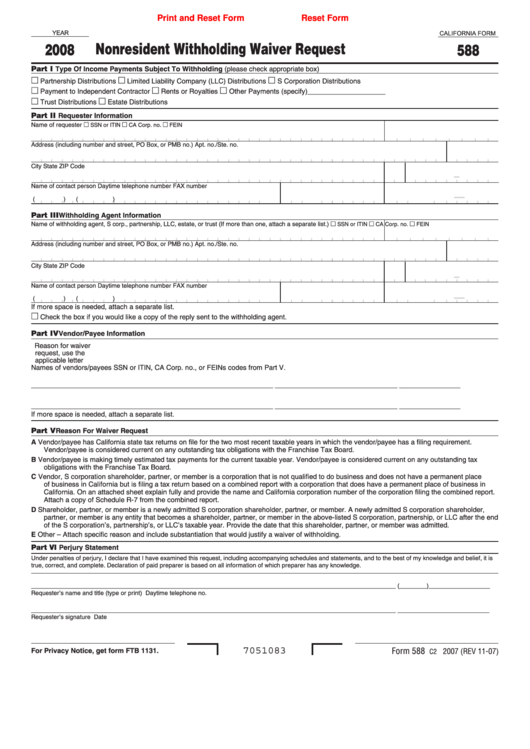 Fillable Form 588 - Nonresident Withholding Waiver Request - 2008 Printable pdf