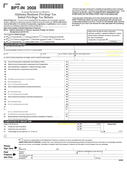 Fillable Form Bpt-In - Alabama Business Privilege Tax Initial Privilege Tax Return - 2008 Printable pdf