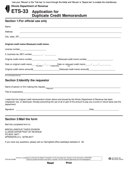 Fillable Form Ets-33 Application For Duplicate Credit Memorandum - 1996 Printable pdf