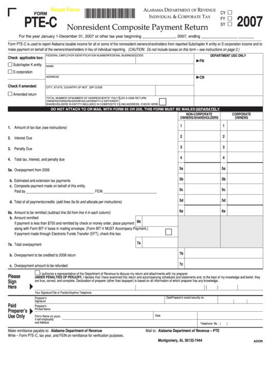 Fillable Form Pte-C - Nonresident Composite Payment Return - 2007 Printable pdf
