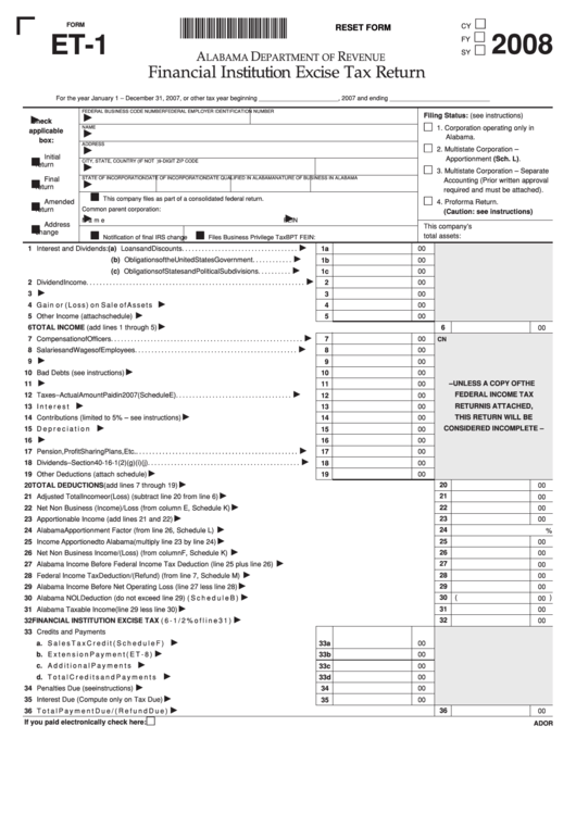 Fillable Form Et-1 - Financial Institution Excise Tax Return - 2008 Printable pdf