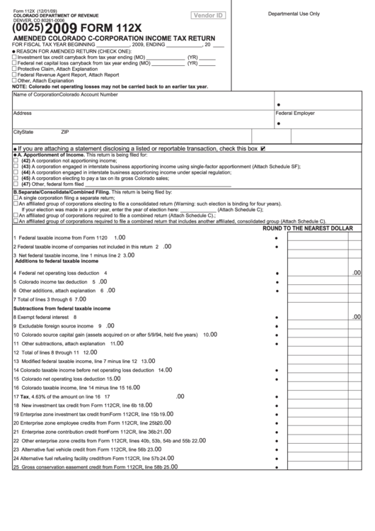 Fillable Form 112x - Amended Colorado C-Corporation Income Tax Return - 2009 Printable pdf
