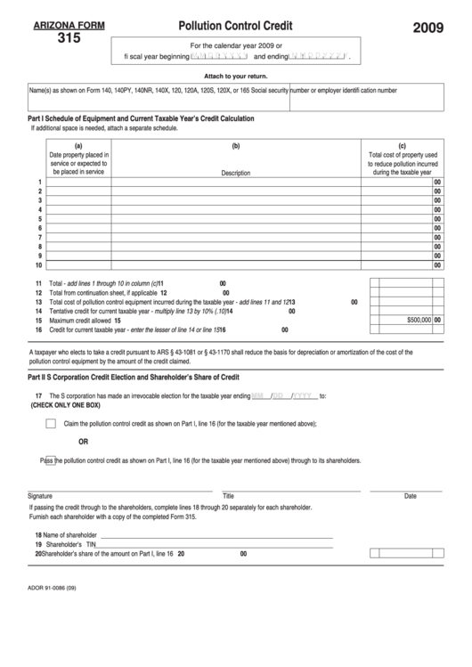 Arizona Form 315 - Pollution Control Credit - 2009 Printable pdf