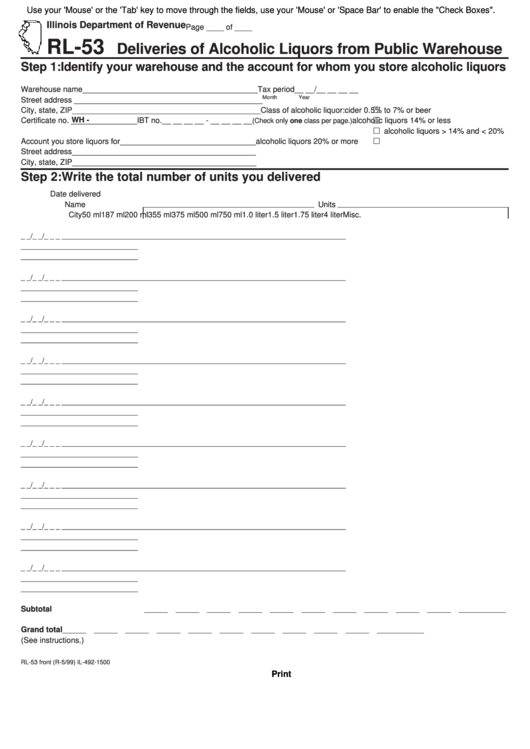 Fillable Form Rl-53 Deliveries Of Alcoholic Liquors From Public Warehouse - Illinois Printable pdf