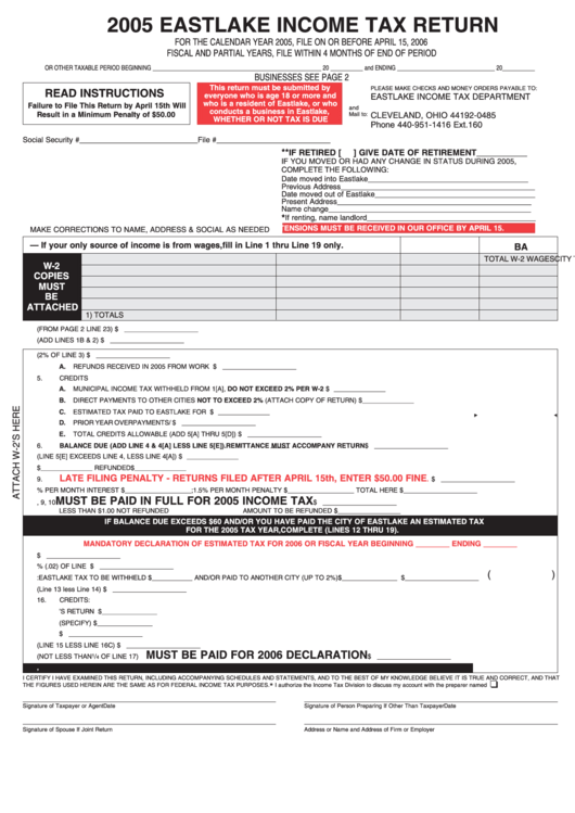 Income Tax Return Form - Eastlake - 2005 Printable pdf