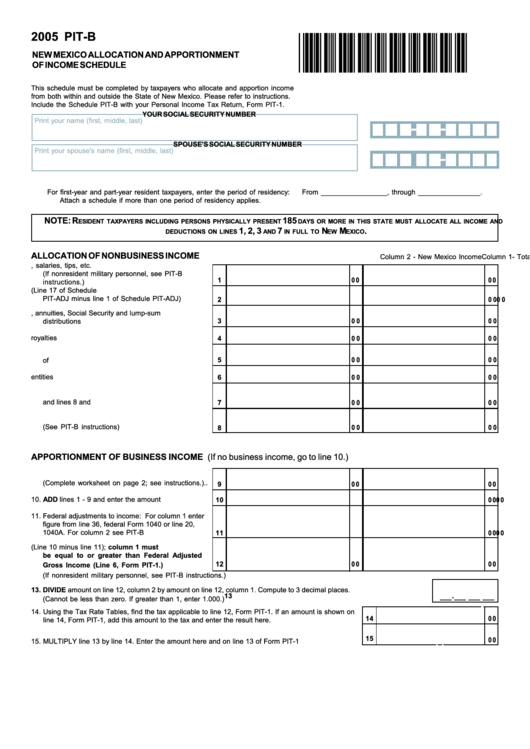 Form Pit-B - New Mexico Allocation And Apportionment Of Income Schedule 2005 Printable pdf