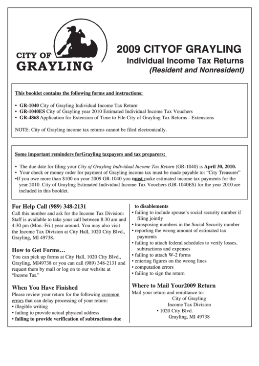 Individual Income Tax Returns Forms (Resident And Nonresident) - City Of Grayling - 2009 Printable pdf