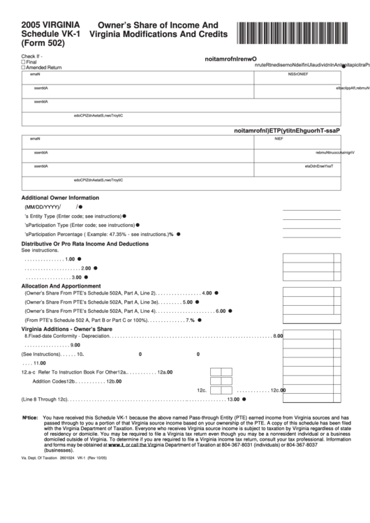 Schedule Vk-1 (Form 502) - Owner